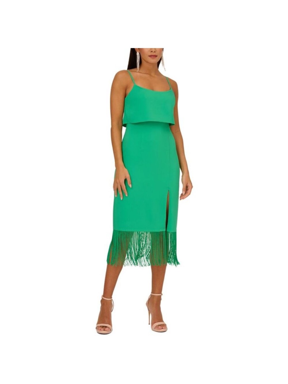 Adrianna Papell Emerald Green Fringe Midi Dress with Spaghetti Straps